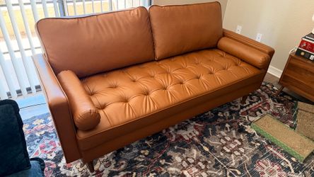 Mid century Modern Faux Leather Couch Sofa