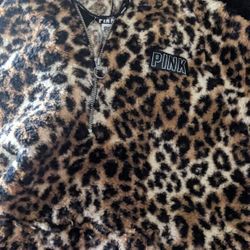 Victoria's Secret PINK Leopard Sherpa Half Zip Hoodie Pullover Super Soft Medium