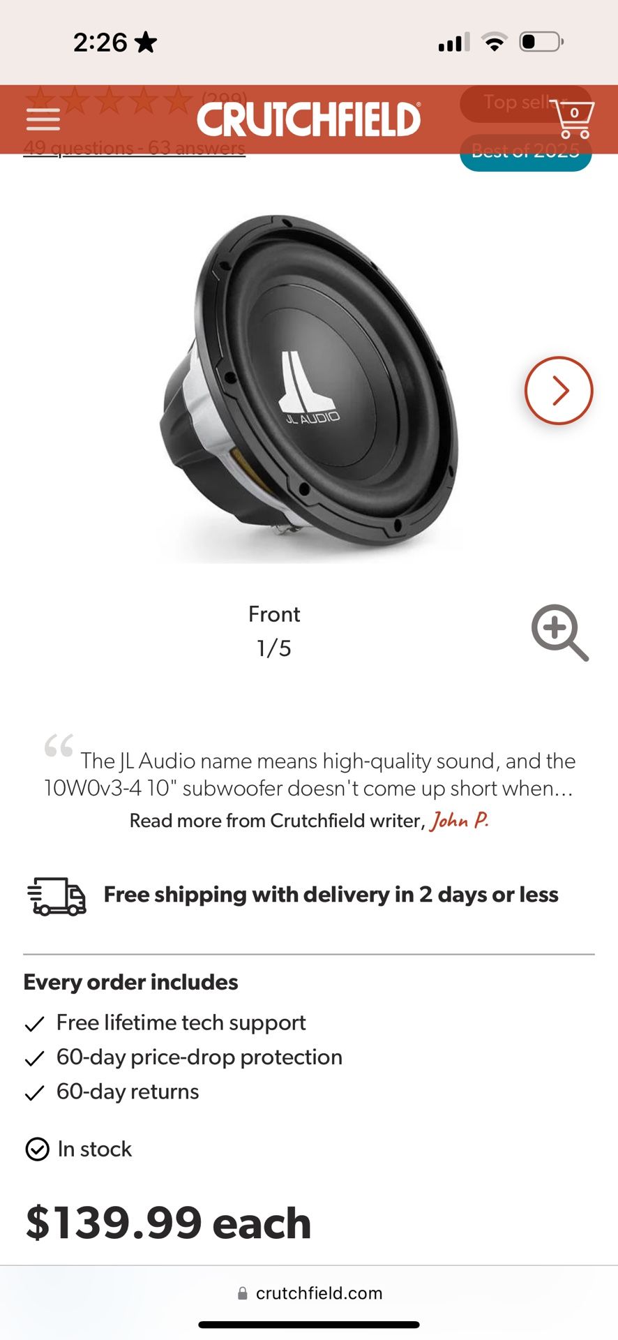 2 JL Audio 10” subwoofers-no box
