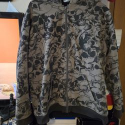 Vintage Y2K MMA Elite Gray Black Skull Sherpa Hoodie Sweatshirt Jacket Large