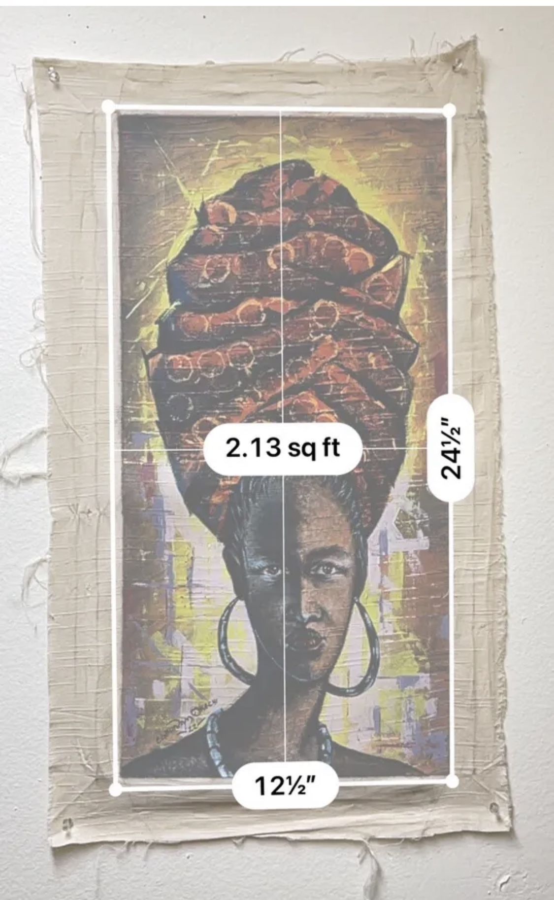 Black African Woman Head Gear&Ear Rings 2.13sq Feet 24”/12” Canvas Oil Painting
