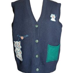 Vintage Style Cat Kitten Knit Sweater Vest Women's Fall Autumn Cottagecore Navy Super Soft 