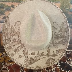 Hand burned Custom desert scene felt hat