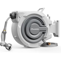 Retractable Garden Hose Reel 1/2" x 110ft UV Resistant Automatic Slow Self Retract Hose Reel, 180°Swivel Wall Mount, Any Length Lock , 10 Pattern Nozz