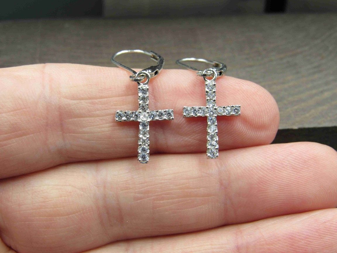 Sterling Silver Cross Clear CZ Gem Religious Earrings Vintage Wedding Engagement Anniversary Beautiful Everyday Minimalist Cute Sexy