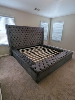 😍 Luxury Black & Grey Tufted Upholstered Storage King & Queen Size Platform Bed Frame, Wingback Headboard + Opt Mattress • Pay After Delivery 🚚