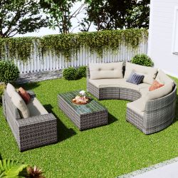 8-pieces Outdoor Wicker Round Sofa Set, Half-Moon Sectional Sets All Weather, Curved Sofa Set With Rectangular Coffee Table, PE Rattan Water-resist