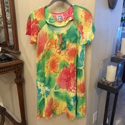 Vintage JAMS WORLD Women Colorful Floral Lace Up Short Sleeve Dress Size Large