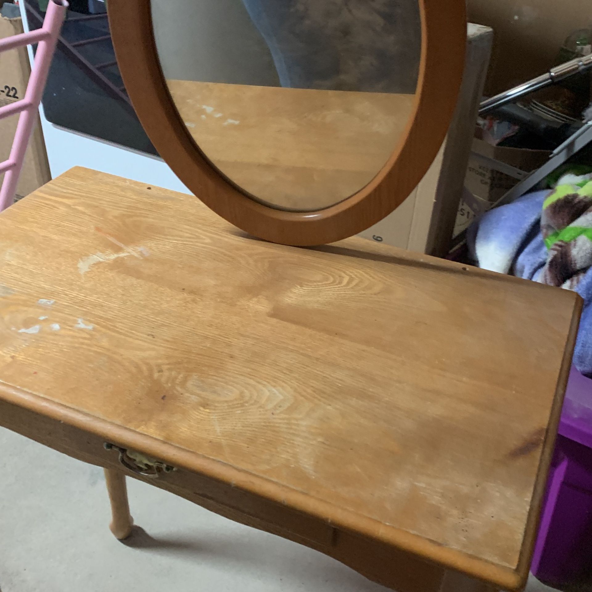 small vanity with single drawer and matching stool