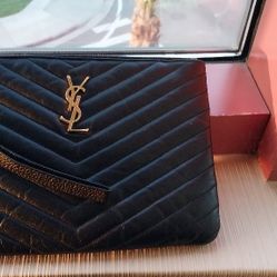 YSL Saint Laurent Black Quilted Leather Purse Clutch Wristlet Bag Box!

