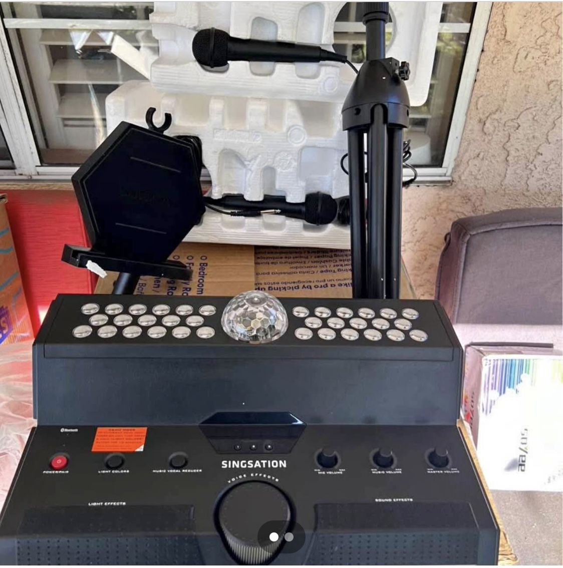 Singsation Main Stage All-in-One Bluetooth Karaoke System with Two Wired Microphones, One Microphone Stand, and Remote - Black