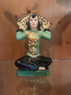 Ceramic Seated Woman Figurine Holding Fan Glossy Green Black Gold Pink