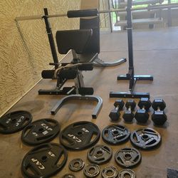 Full Weight Set With Bench And Dumbbells And Squat Rack