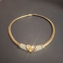 Gold-plated Vintage CRAFT Omega Choker Rhinestone Heart Collar Necklace- Excellent Condition
