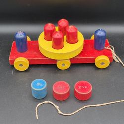 Vintage Wooden Pull Toy & 3 Wooden Toy Coins