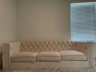 Beige Velvet Tufted Sofa – Excellent Condition