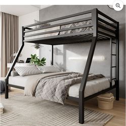 Amolife Twin over Full Size Metal Bunk Bed with Removable Ladder, Full-Length Guardrail, Black