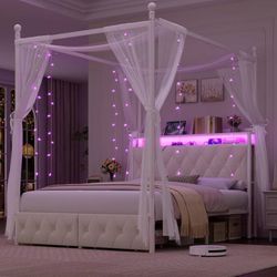 Queen Size LED Canopy Bed Frame with Storage & Charging Station,Beige 4 Removabl