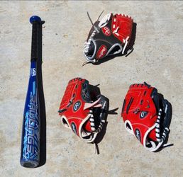 Ages 5-8, Tball/youth bat, left hand glove, right hand gloves