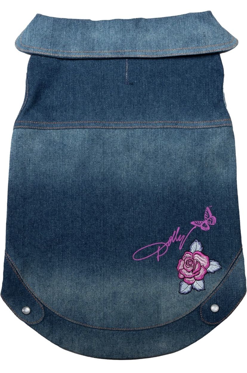 NEW Dolly Parton Blue Denim Embroidered Jacket for Dogs - Size Medium