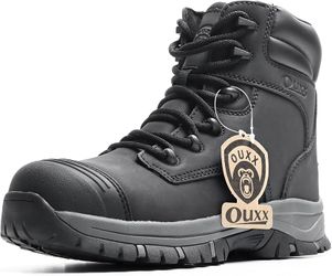 OUXX Work Boots for Men, Side Zipper Steel Toe Shoes, Water-Resistant, Non-Slip, Black