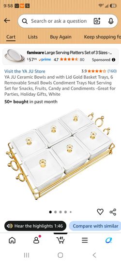 YA JU Ceramic Bowls and with Lid Gold Basket Trays, 6 Removable Small Bowls Condiment Trays Nut Serving Set for Snacks, Fruits, Candy and Condiments -