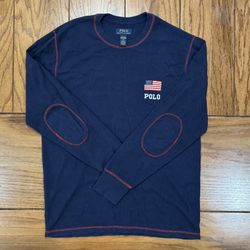 🎁 Navy Red Stiched PONY Men’s LARGE Ralph Lauren POLO Long Sleeve Knit Thermal Shirt L
