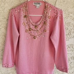 Hearts  Pink Bling Ladies L Hearts Sweater 