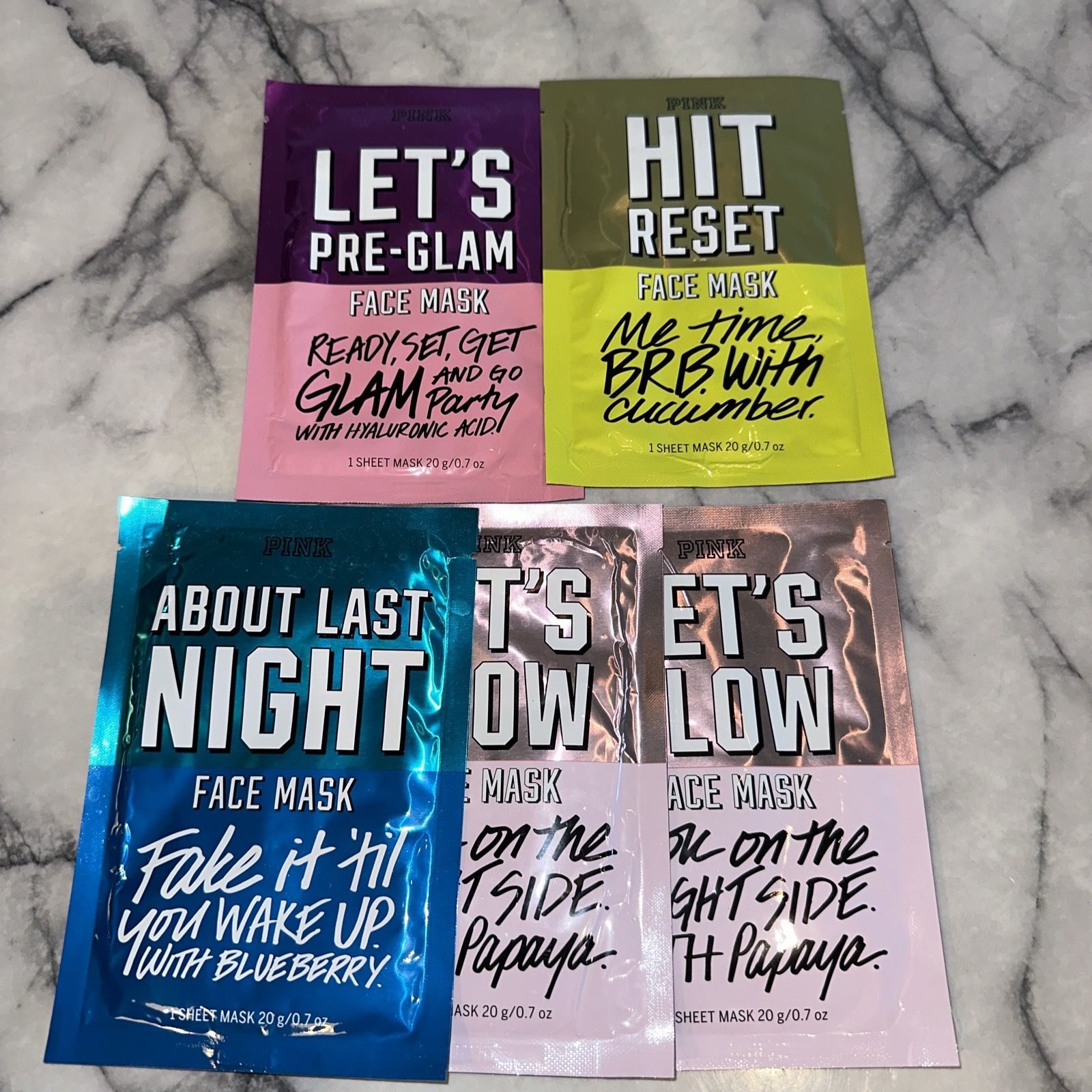 5 NEW VICTORIAS SECRET PINK FACE SHEET MASK PAPAYA CUCUMBER HYALURONIC BLUEBERRY These are brand new, never open, completely sealed and imperfect con