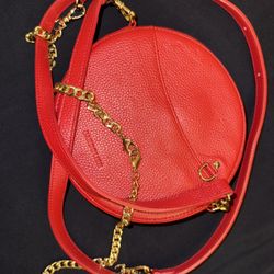Bandolier Round Leather Red Shoulder Bag w/Leather Strap &  Gold Chain Strap