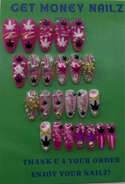 Pink & Gold Cannabis-Inspired Press-On Nails with Rhinestone Details
