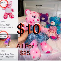 $10 Each or All for $25 Build A Bear Workshop Cat with Hearts 💕 Peace sing Blue Bear & Purple Cat