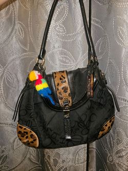 Y2K Vintage Bebe Black Jacquard Handbag with Faux Leopard Fur Trim