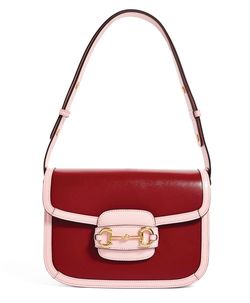 Authentic Gucci Horsebit 1955 Small Leather Shoulder Bag Red Pink Trim Gold Hardware