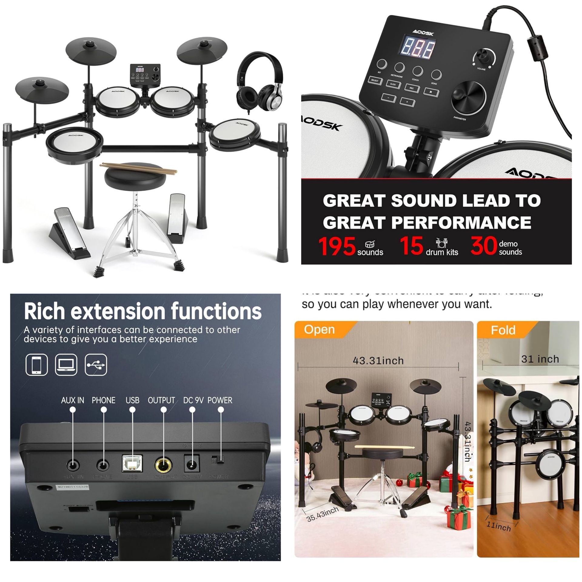 AODSK Electric Drum Set with Quiet Mesh Pads,Electronic Drum for Beginner,USB MIDI,Throne,Sticks, Included 15 Kits and 195 Sounds