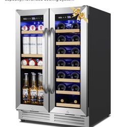 Wine and Beverage Refrigerator Upgraded, 24 Inch Beverage Refrigerator Cooler Dual Zone with Glass Door, Under Counter or Freestanding Beverage Fridge