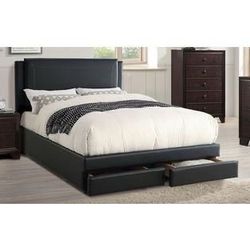 Queen Size Black Leatherette Bed W Ortho Mattress 