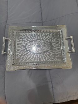 Vintage Ornate Silver-Plated Serving Tray with Handles - 14" × 10"