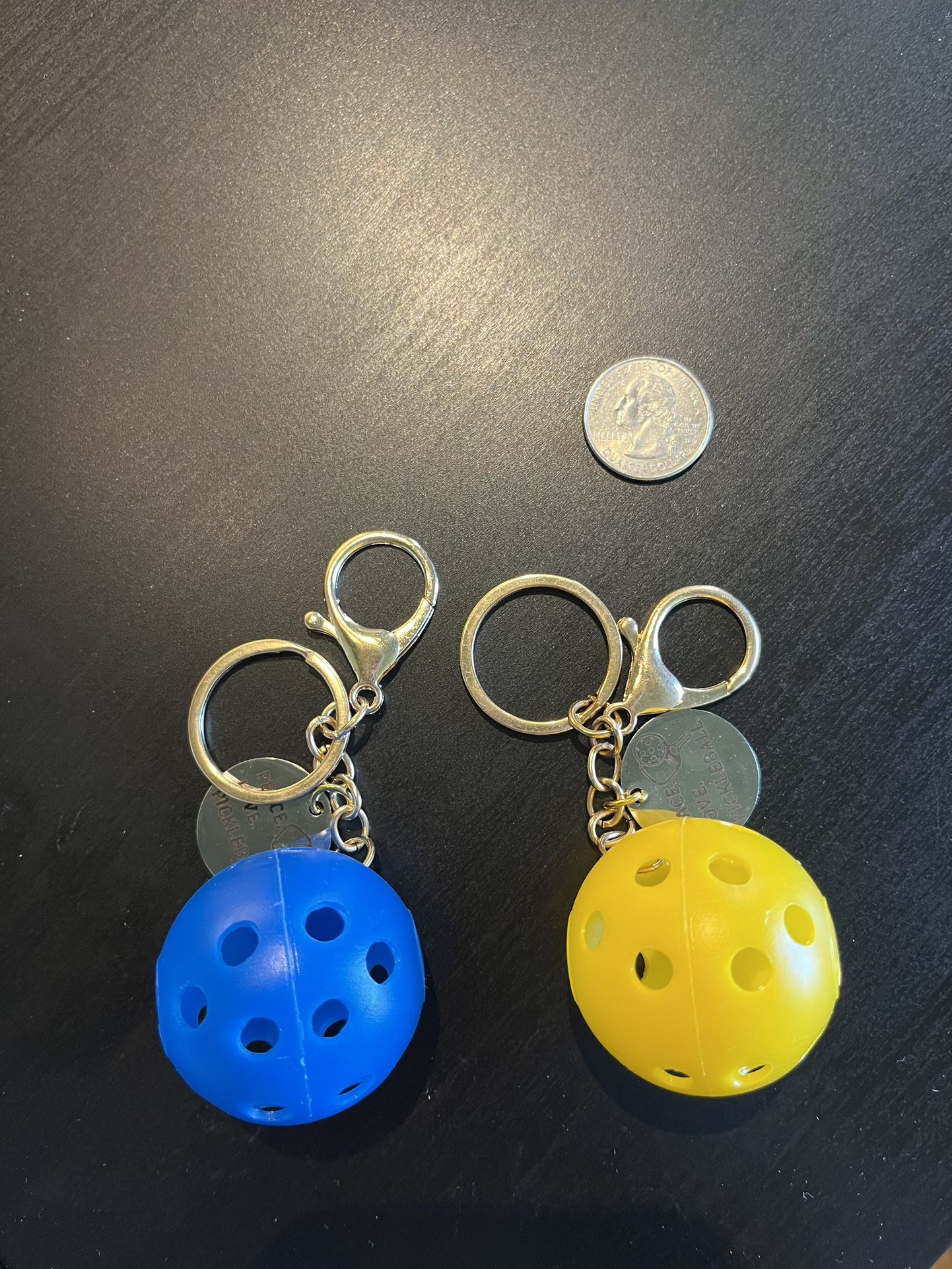 Pickle ball keychains blue and yellow