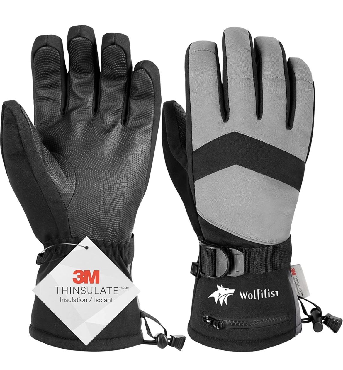 Gloves Waterproof Windproof - 3M Thinsulate Insulated Warm Snow Gloves, Snowboard Gloves with Zipper Pocket