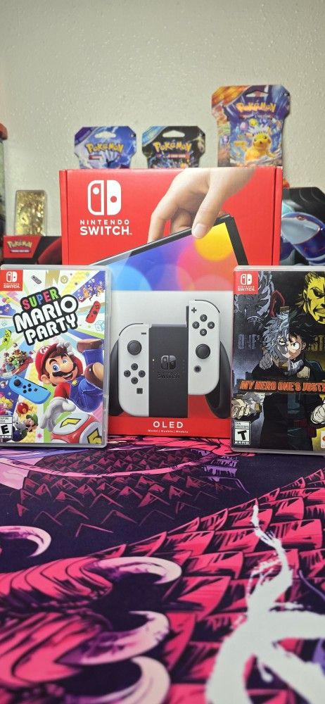 Switch OLED with Mario Party And My Hero's One Justice