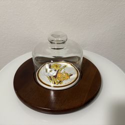 Glass Dome with Floral and Ceramic Wood Serving Tray