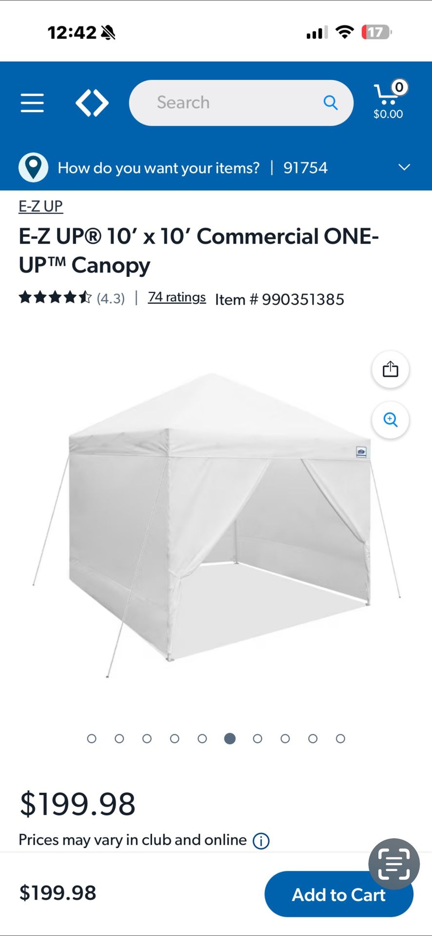   E-Z UP® 10' x 10' Commercial ONE-UPT™ Canopy