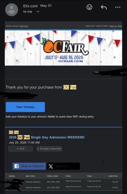 OC Fair 7/25 Saturday Tickets