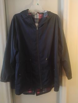 Time & Tru Women's 3X (24W-26W) Navy Blue Drawstring Hooded Jacket Plaid Lined
