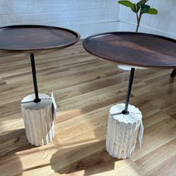 Round Side Tables (2) with Brown Top and Travertine Base