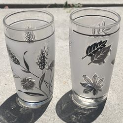 2x VTG Libbey Frosted 4oz Silver Foliage Leaf Wheat Crystal Shot Juice Cordial Glasses 4" (Silver Lake)