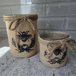 Two "Bee" Burlap Flower/Plant Glass Containers