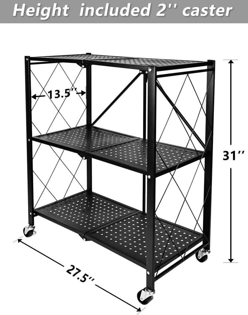 🥨3-Tier Foldable Metal Rack, 14.96" D x 27.95" W x 34.25" H Storage Shelving Unit with Wheels Moving Organizer Shelves , Black