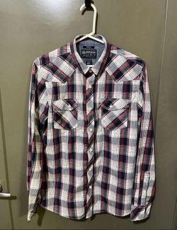 Men’s Medium By American Rag Y2K Retro Shirt Button Down Plaid Blue Red (Pick up🛒 In Bellevue) *Check out my Other Posts 🎁